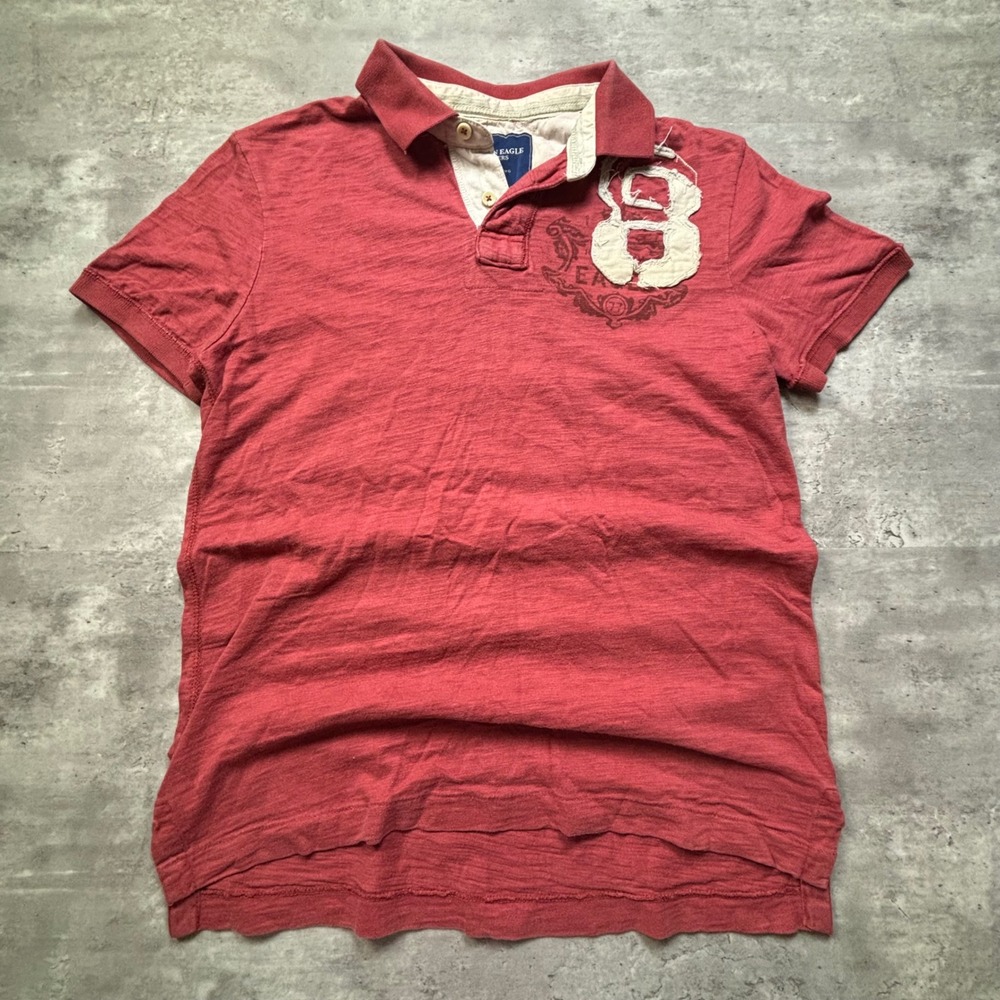 American Eagle Polo Shirt Medium Red Y2K Distressed Applique Slub Knit